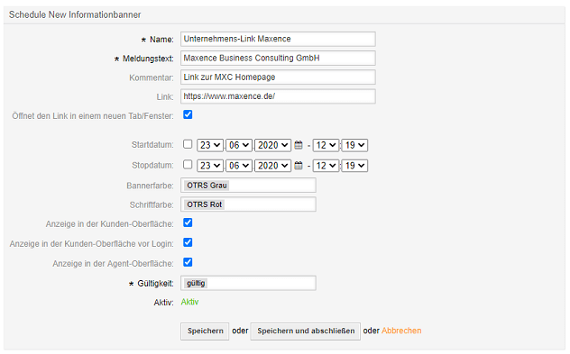 InformationBanner – Banner planen OTRS Add-on InformationBanner Banner planen
