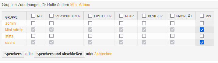 Screenshot: Rollen-Berechtigung für Mini-Admin Rolle einrichten