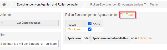 Mini Admin - Rollenzuweisung an Agenten